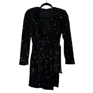 Zara Dress Deep V Sequin Faux Wrap Mini Holiday Party